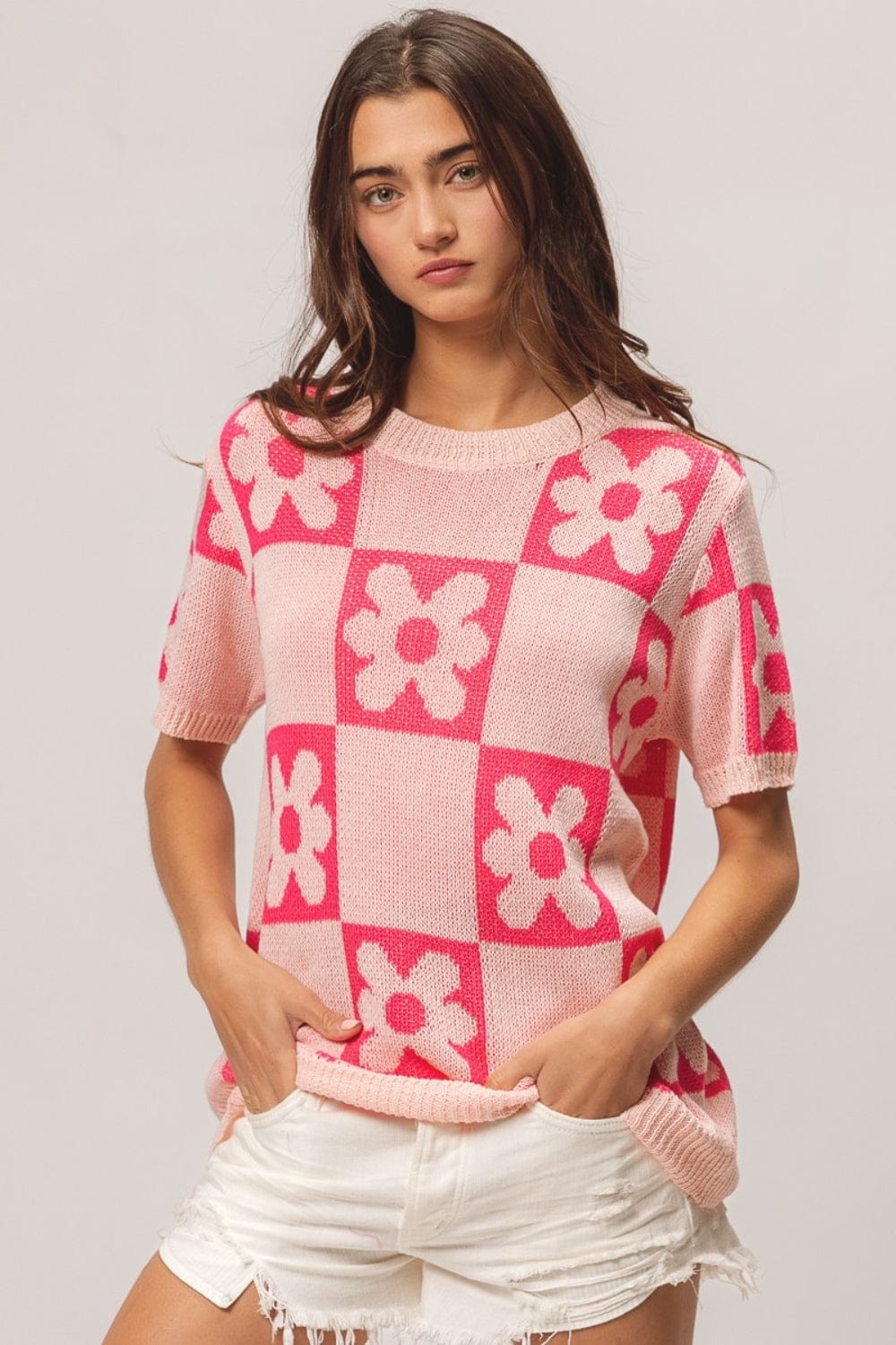 BiBi Flower Checker Pattern Short Sleeve Sweater - Trendsi