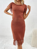 Fringe Openwork Boat Neck Knit Dress - Flyclothing LLC