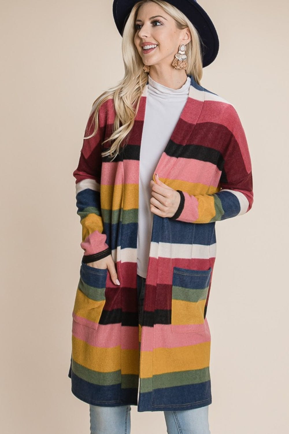 BOMBOM Color Block Striped Open Front Cardigan - Trendsi