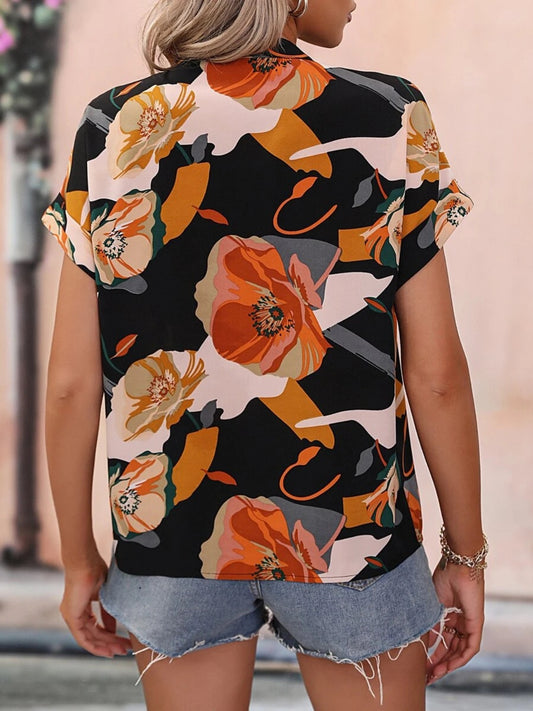 Printed Notched Short Sleeve Blouse - Flyclothing LLC