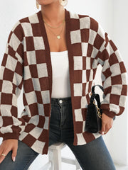 Checkered Open Front Long Sleeve Cardigan - Trendsi