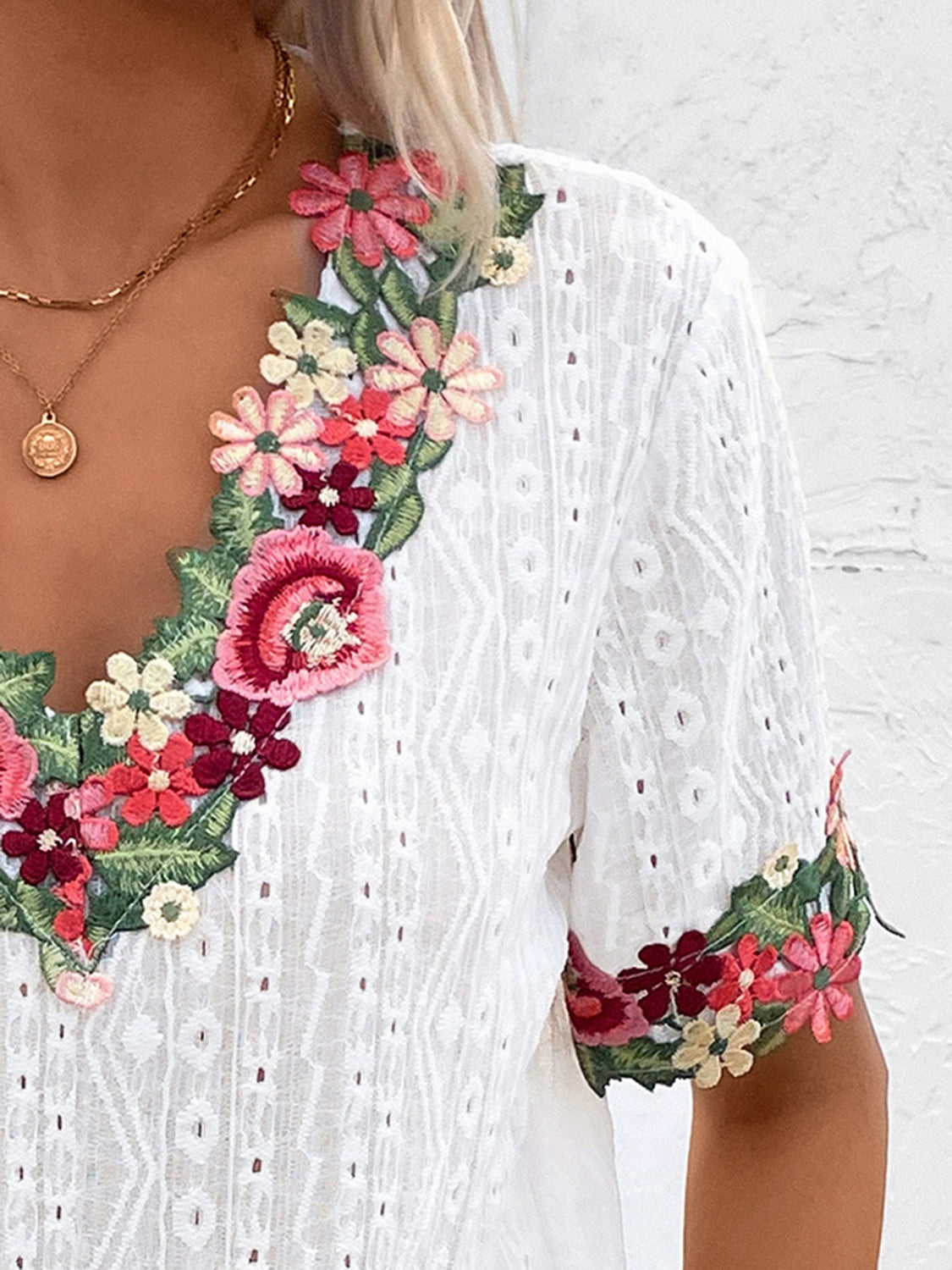 Eyelet Embroidered V-Neck Short Sleeve Blouse Trendsi