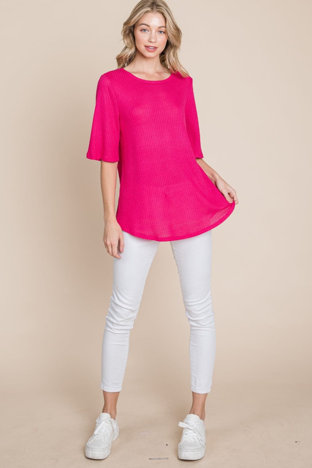 BOMBOM Round Neck Waffle Knit T-Shirt - Trendsi