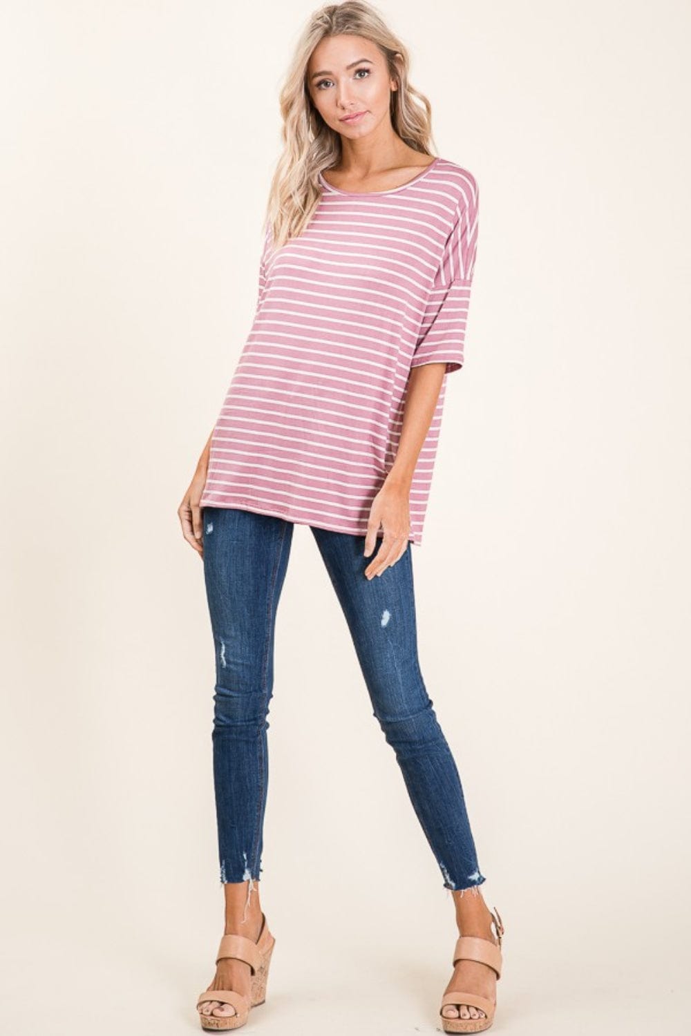 BOMBOM Striped Round Neck Half Sleeve T-Shirt - Trendsi