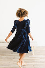 Navy Velvet Ruffle Twirl Dress