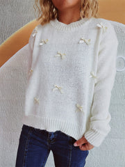 Bow Trim Round Neck Long Sleeve Sweater - Trendsi