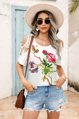 Lace Detail Round Neck Cold Shoulder Blouse Trendsi