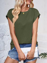 Textured Round Neck Cap Sleeve Blouse Trendsi