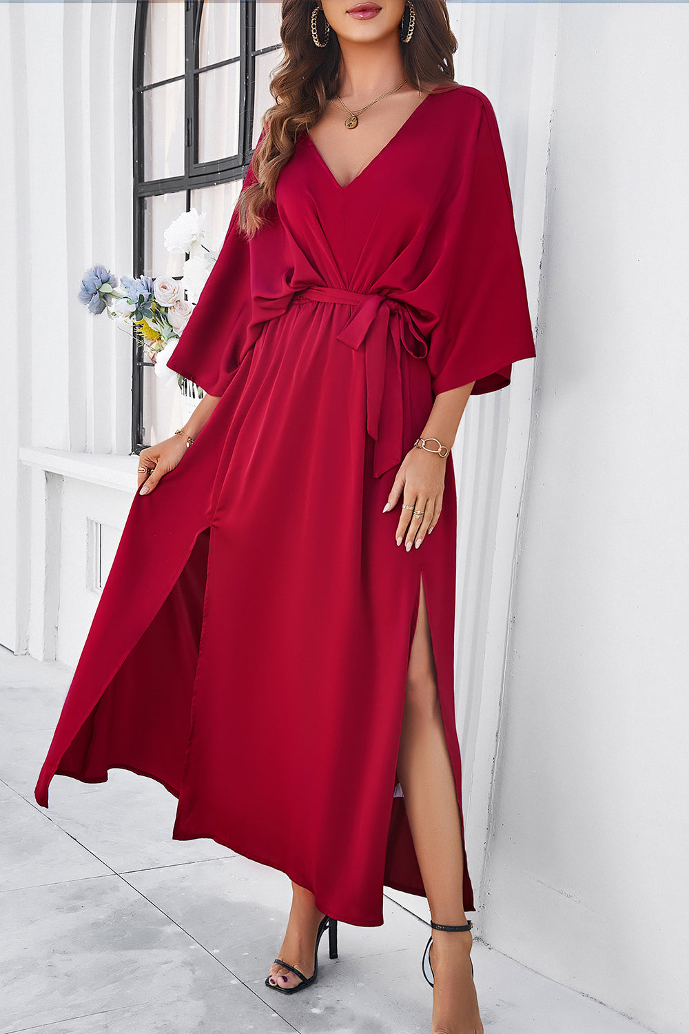 Slit Tied V-Neck Three-Quarter Sleeve Dress - Flyclothing LLC