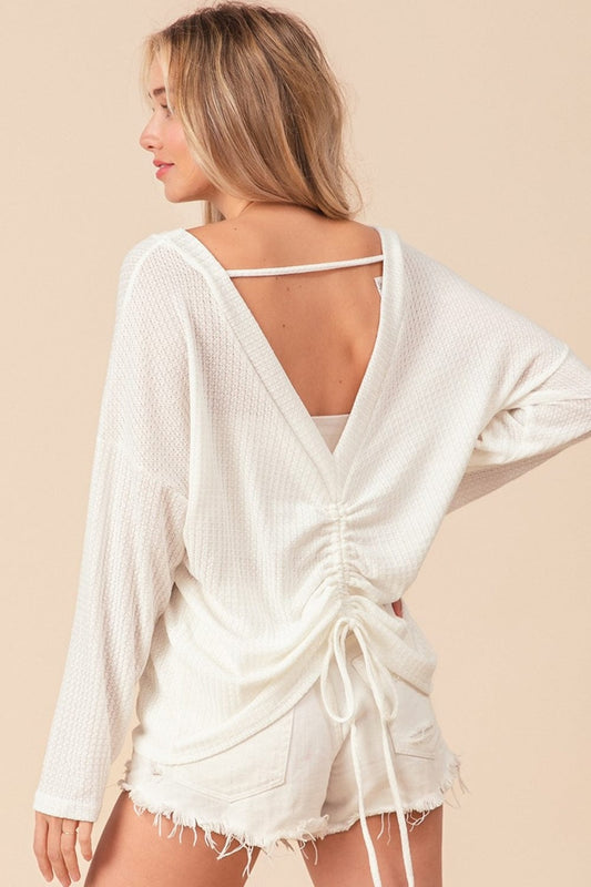 BiBi Waffled Backless Drawstring T-Shirt - Trendsi