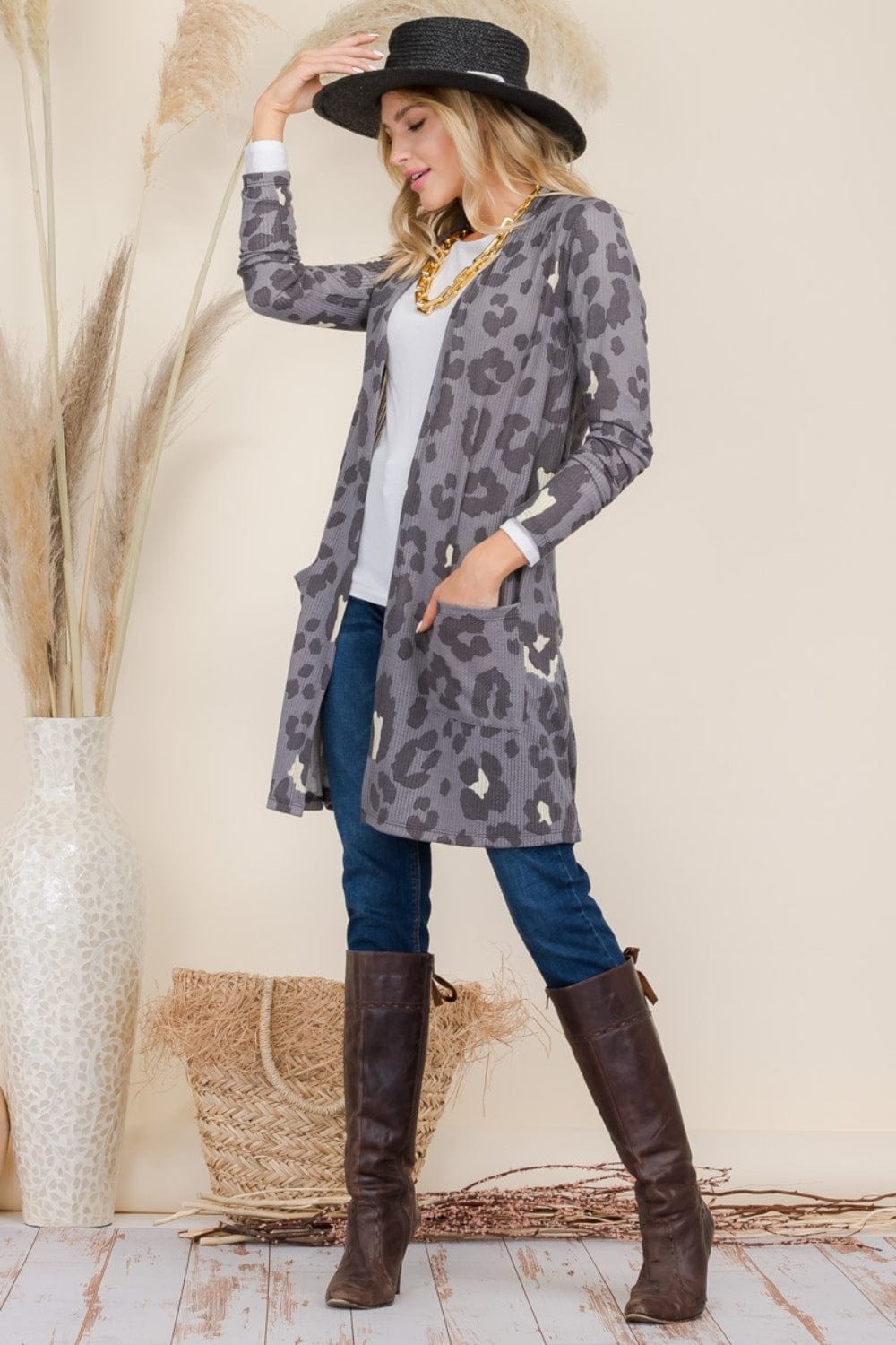 Celeste Full Size Leopard Open Front Contrast Cardigan - Trendsi