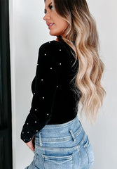 Pearl Detail Velvet V-Neck Long Sleeve Bodysuit - Trendsi