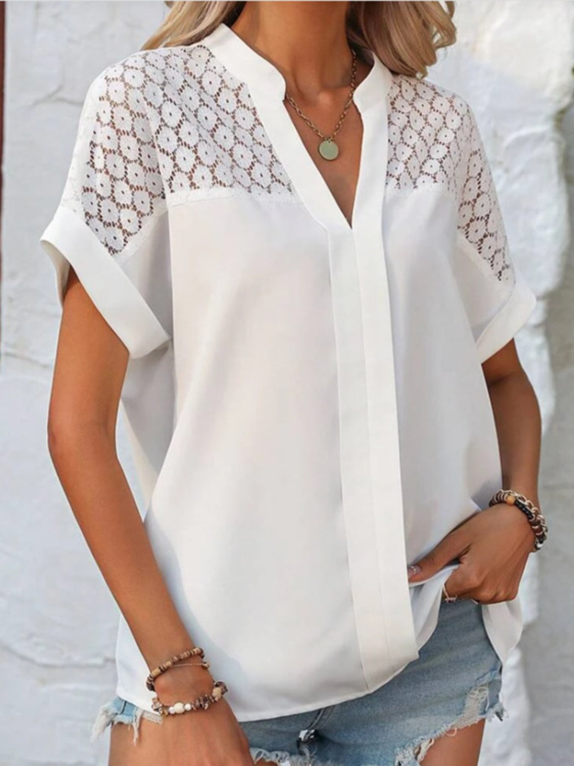 Openwork Notched Short Sleeve Blouse - Flyclothing LLC