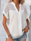 Openwork Notched Short Sleeve Blouse - Flyclothing LLC