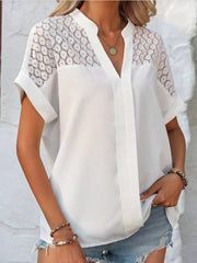 Openwork Notched Short Sleeve Blouse - Flyclothing LLC