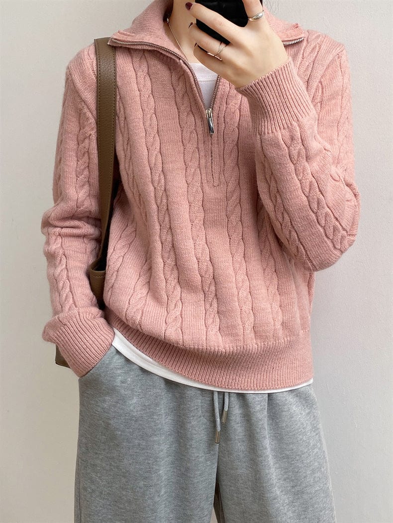 Cable-Knit Half Zip Long Sleeve Sweater - Trendsi