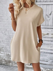 Pocketed Round Neck Short Sleeve Dress - Flyclothing LLC