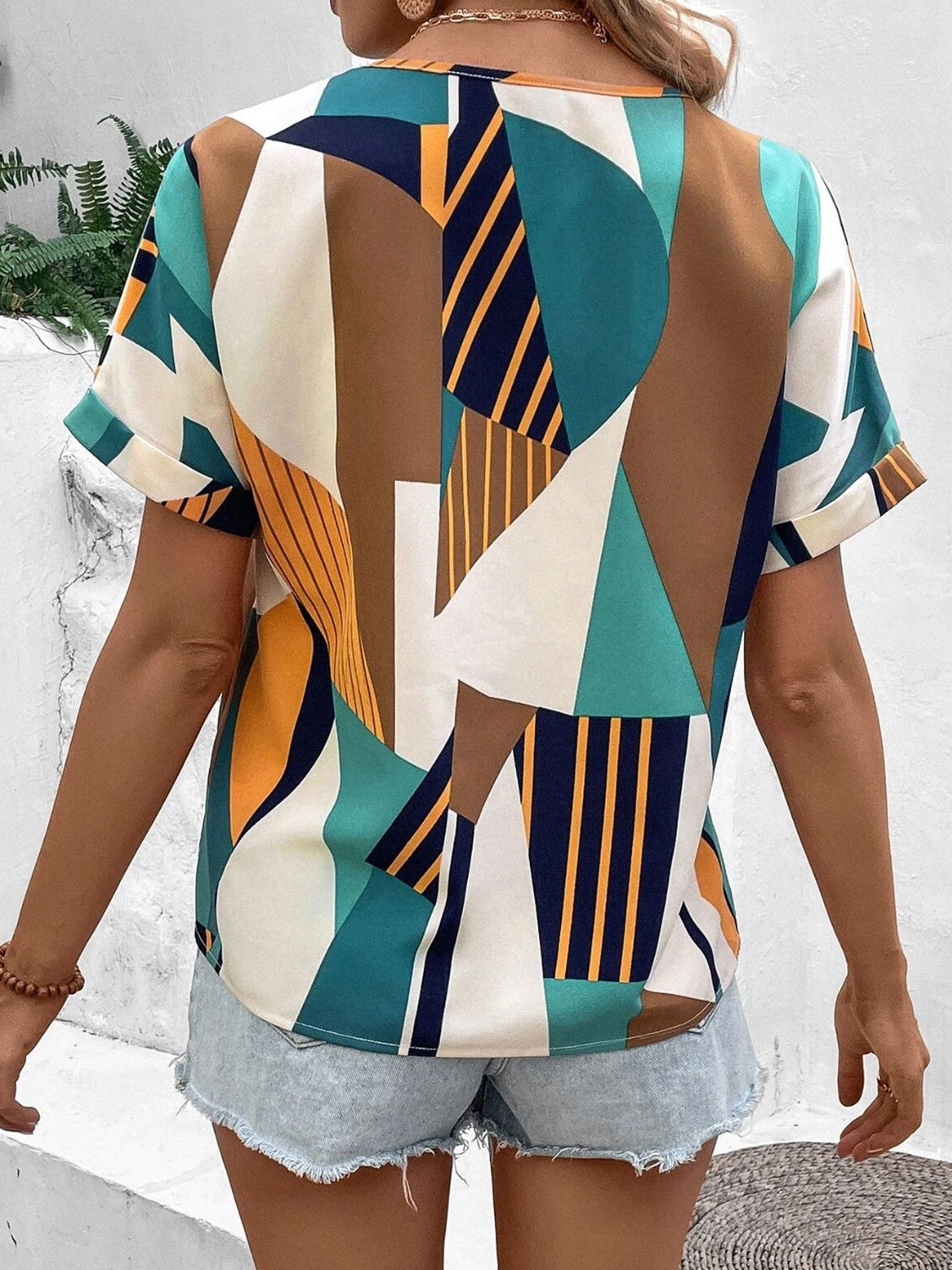 Printed V-Neck Short Sleeve Blouse - Flyclothing LLC