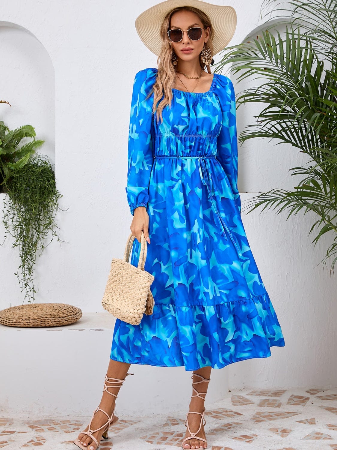 Printed Long Sleeve Midi Dress - Trendsi