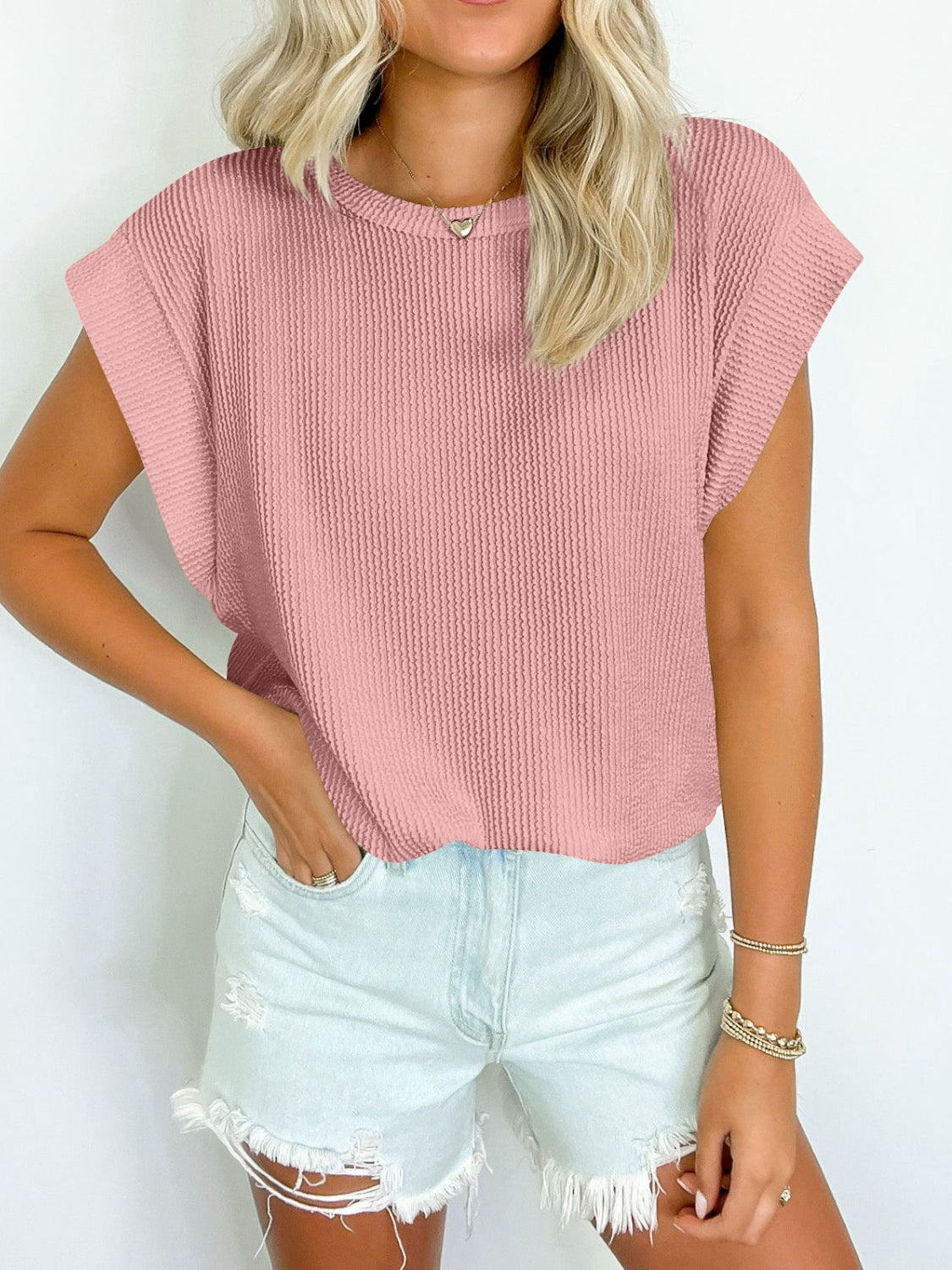 Textured Round Neck Cap Sleeve Blouse Trendsi