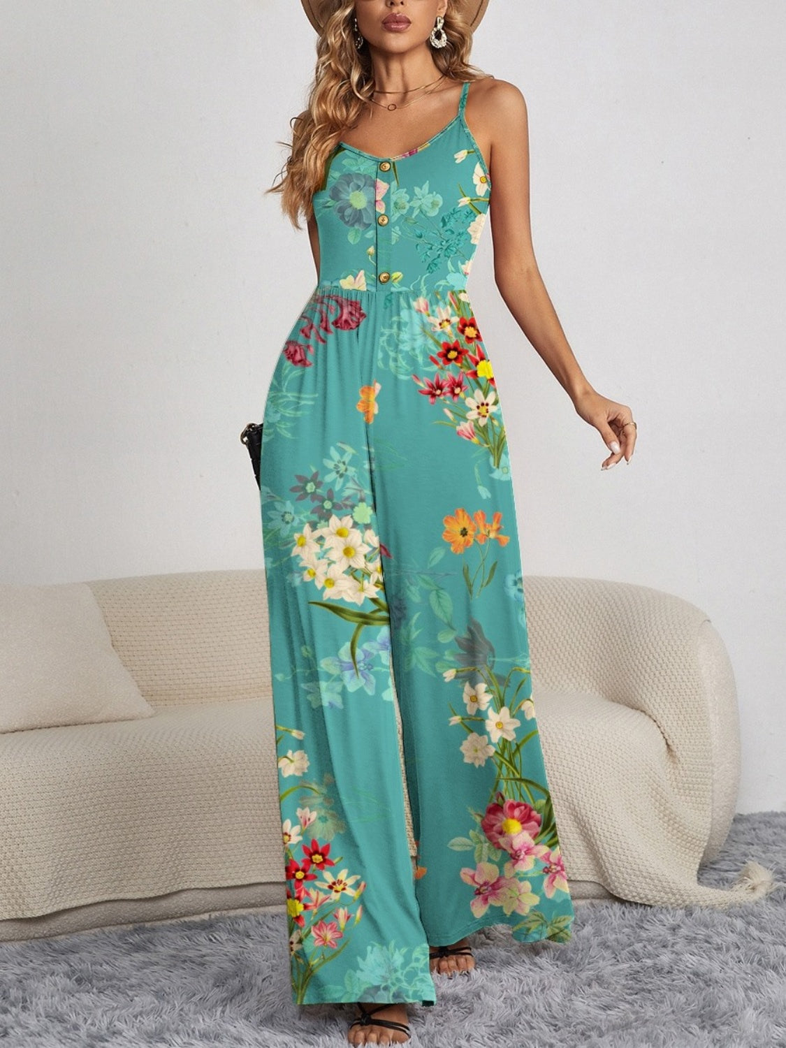 Decorative Button Spaghetti Strap Wide Leg Jumpsuit - Flyclothing LLC