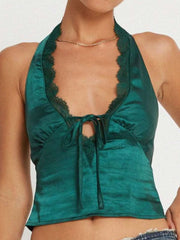 Lace Detail Halter Neck Tank - Trendsi