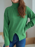 Front Slit Decorative Button Turtleneck Sweater