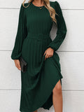 Perfee Pleated Round Neck Long Sleeve Midi Dress