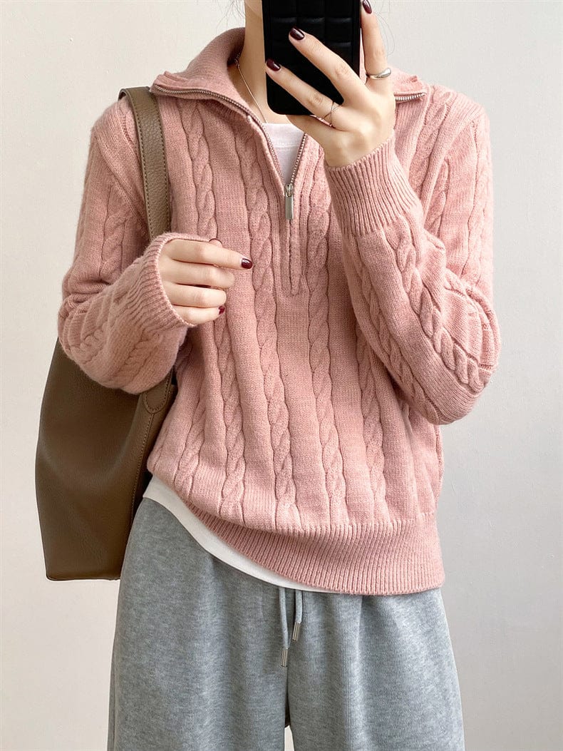 Cable-Knit Half Zip Long Sleeve Sweater - Trendsi