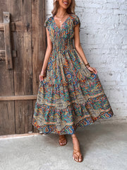 Smocked Printed Cap Sleeve Midi Dress Trendsi