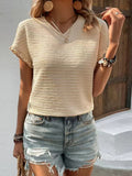 Textured V-Neck Short Sleeve T-Shirt Trendsi