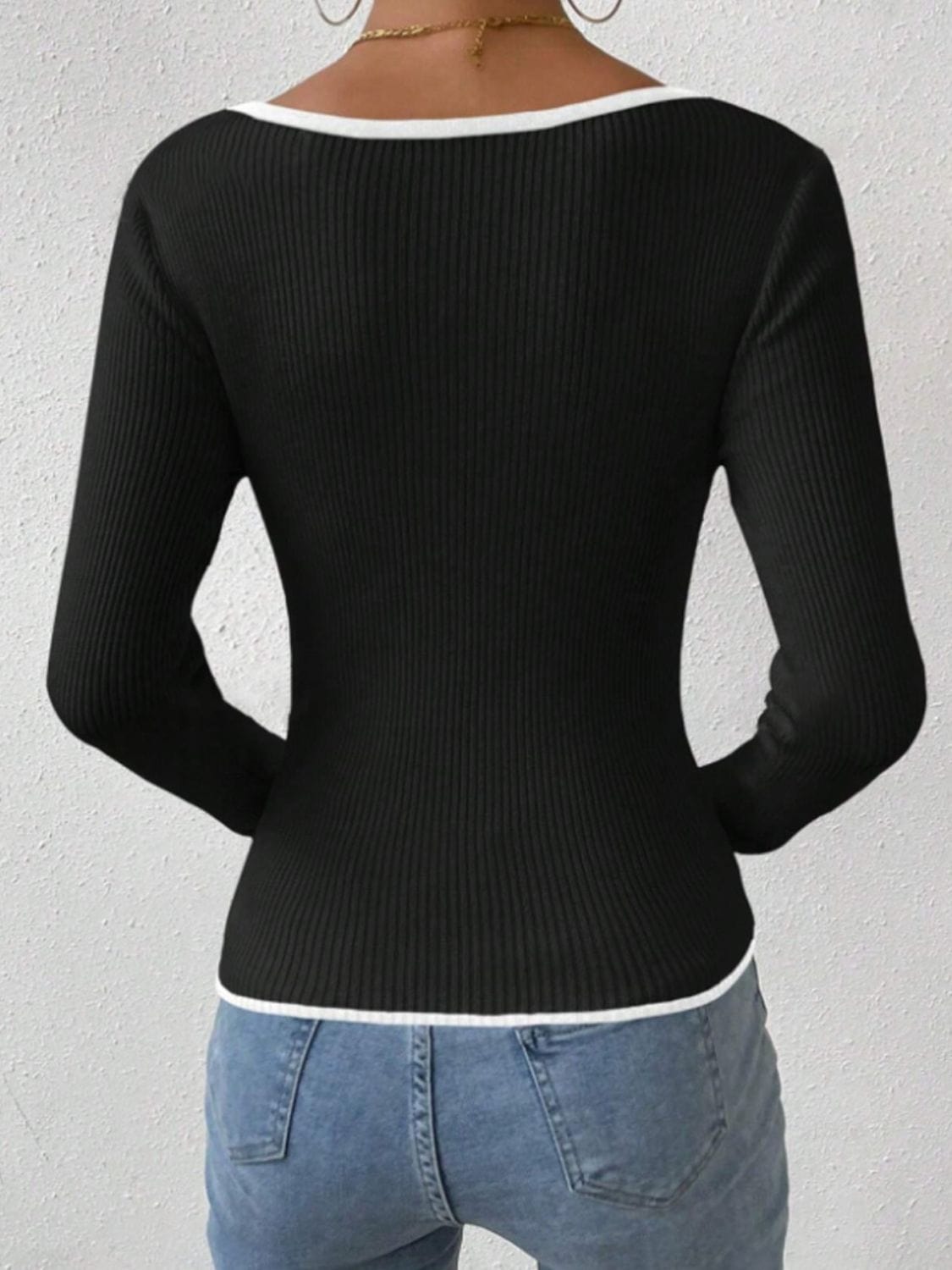 Contrast Trim Long Sleeve Knit Top - Trendsi