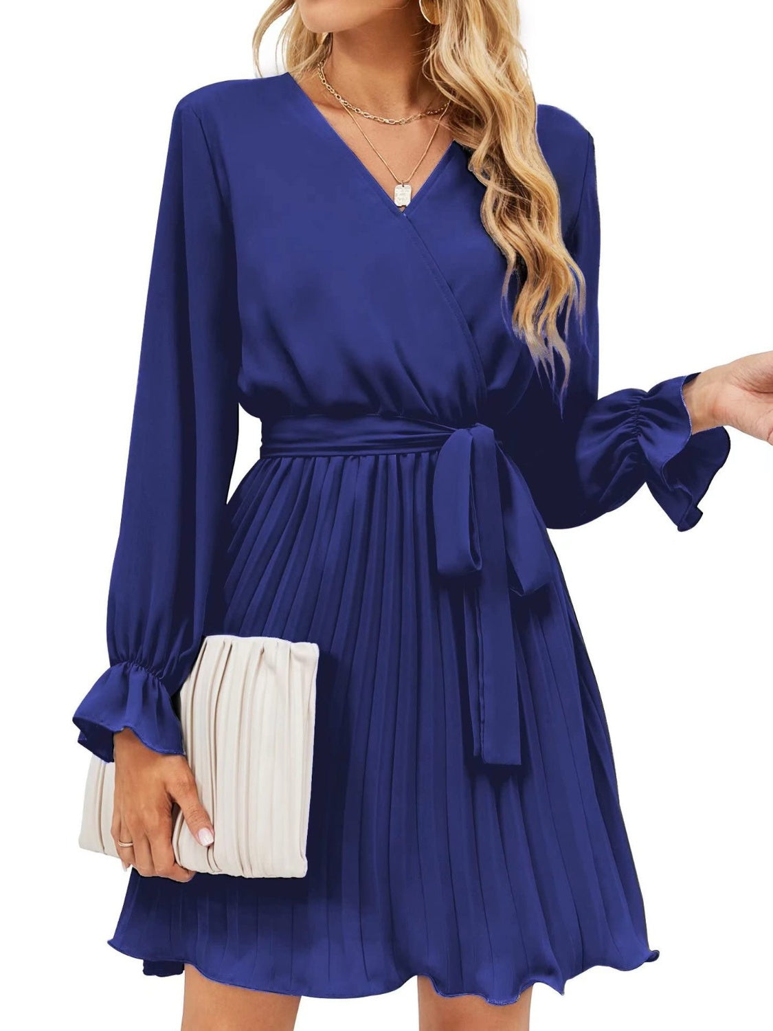 Surplice Flounce Sleeve Pleated Mini Dress - Flyclothing LLC