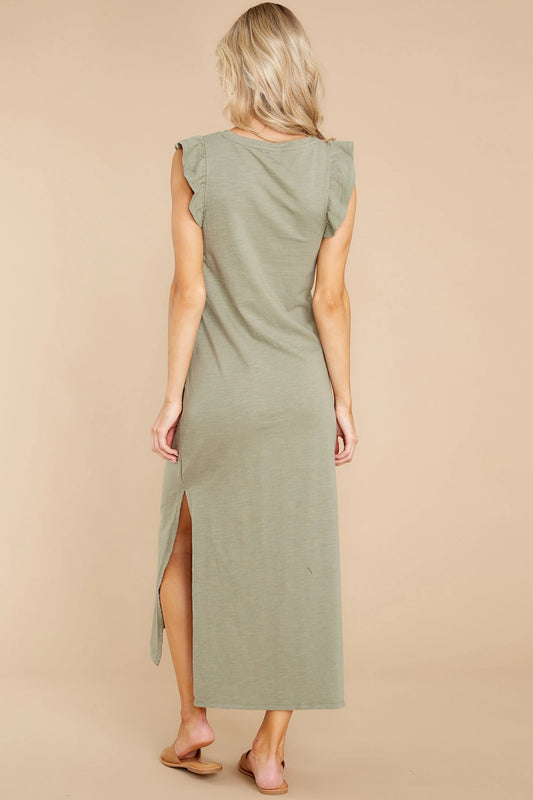 Ruffled Slit Round Neck Cap Sleeve Dress