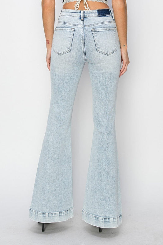 Risen Full Size High Rise Front Patch Pocket Flare Jeans - Trendsi