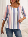 Full Size Contrast Stripes Round Neck Half Sleeve Blouse