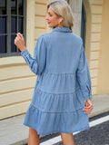 Tiered Button Up Long Sleeve Denim Dress