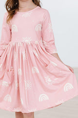 Soft Pink Suns 3/4 Sleeve Pocket Twirl Dress