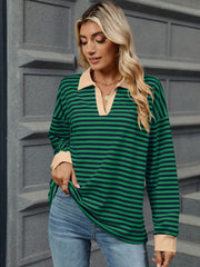 Striped Johnny Collar Long Sleeve Sweatshirt - Trendsi