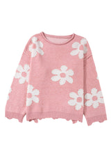 Pearl Trim Flower Round Neck Sweater - Trendsi