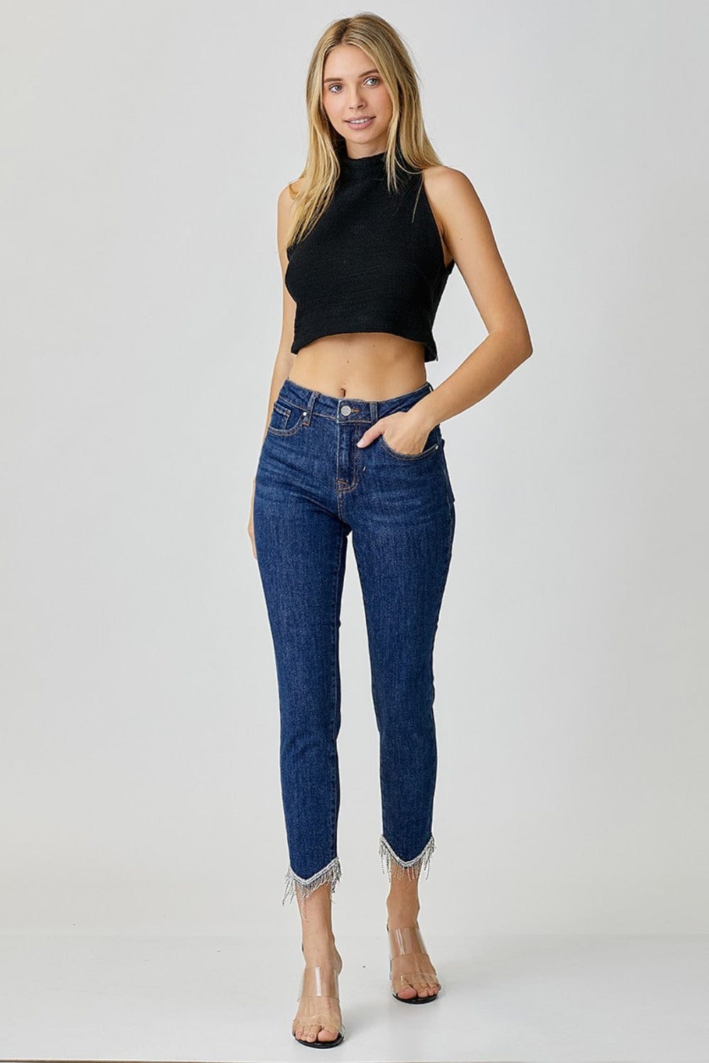 RISEN Full Size Embellished Mid Rise Crop Skinny Jeans - Trendsi