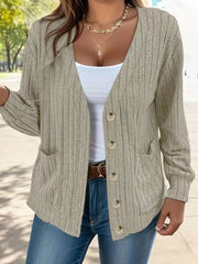 Full Size Button Up V-Neck Long Sleeve Cardigan