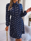 Polka Dot Tie Neck Pleated Dress - Flyclothing LLC