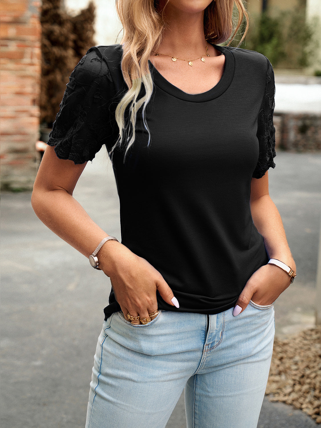 Lace Detail Round Neck Short Sleeve T-Shirt Trendsi