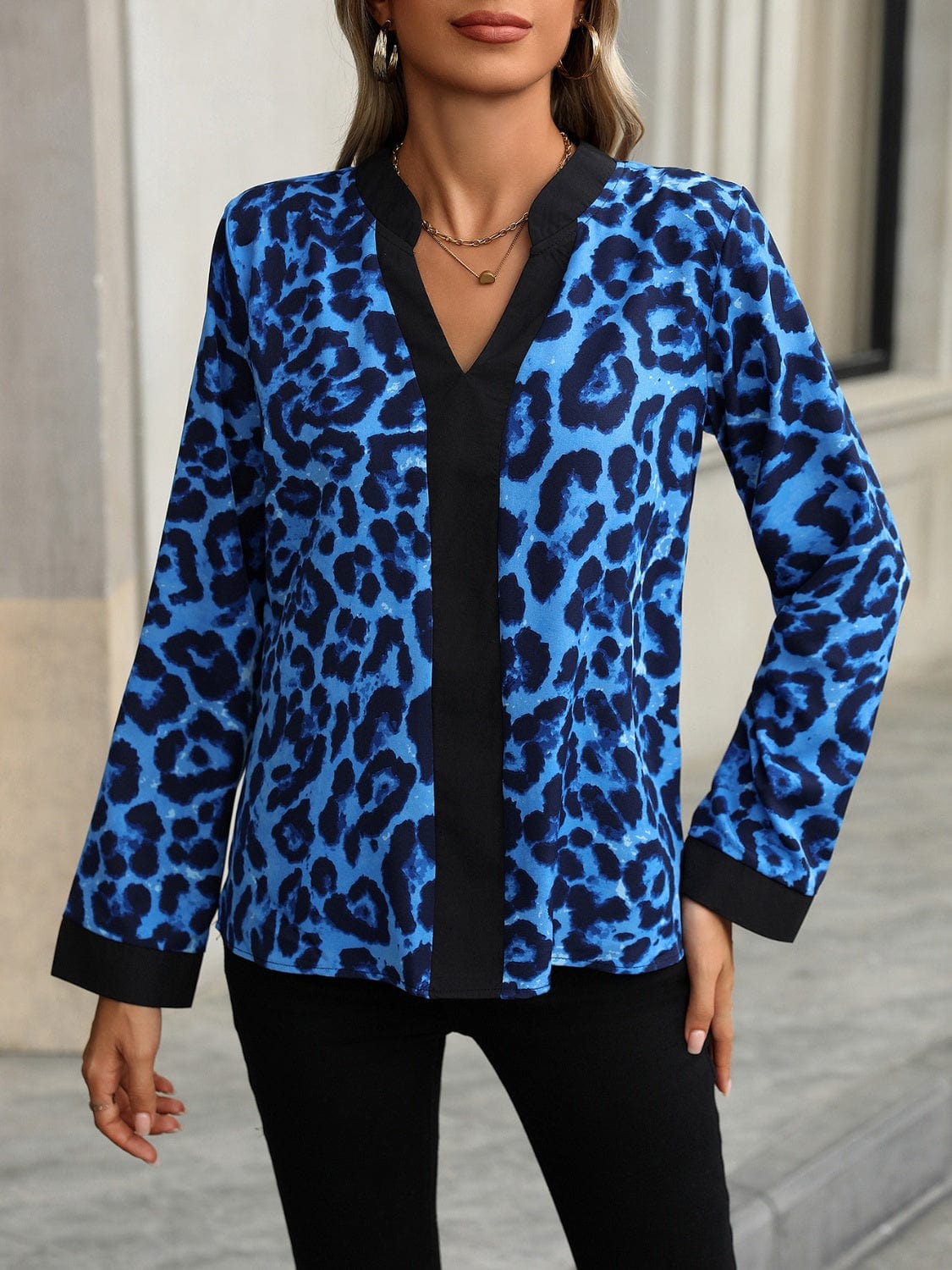 Leopard Notched Long Sleeve Blouse - Trendsi