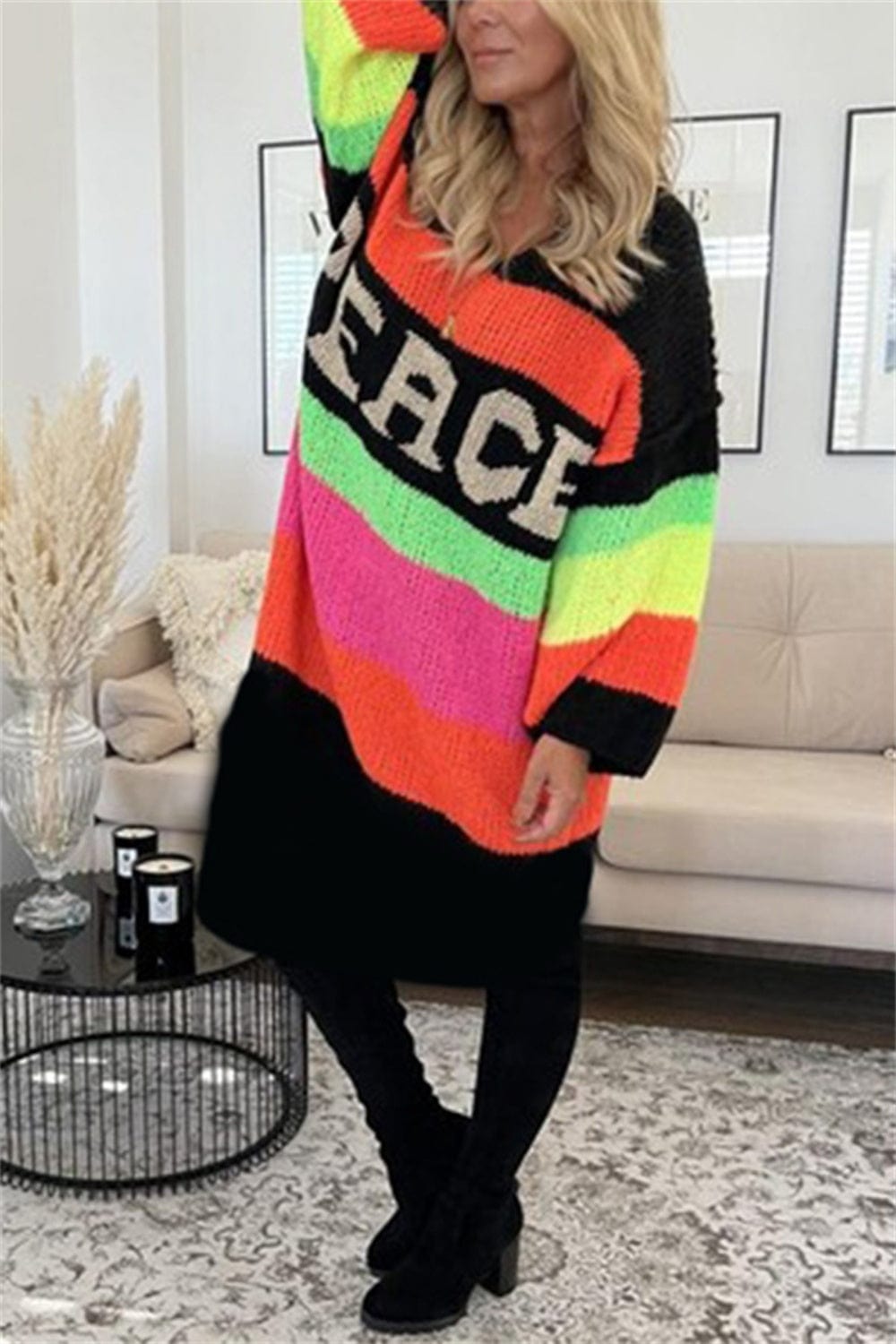 Color Block V-Neck Long Sleeve Sweater Dress - Trendsi