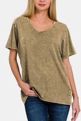 Zenana Washed Short Sleeve V-Neck T-Shirt Trendsi