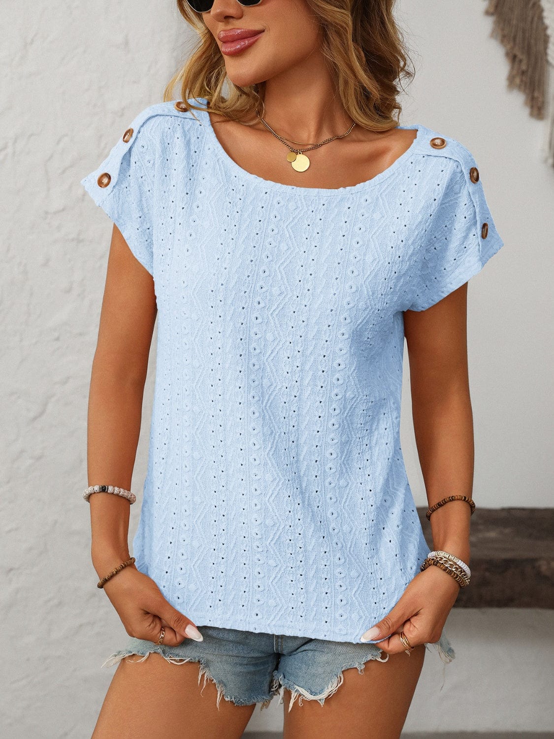 Mandy Eyelet Round Neck Short Sleeve Top - Trendsi