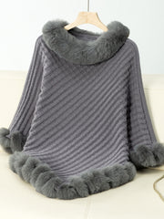 Fuzzy Trim Texture Three-Quarter Sleeve Poncho