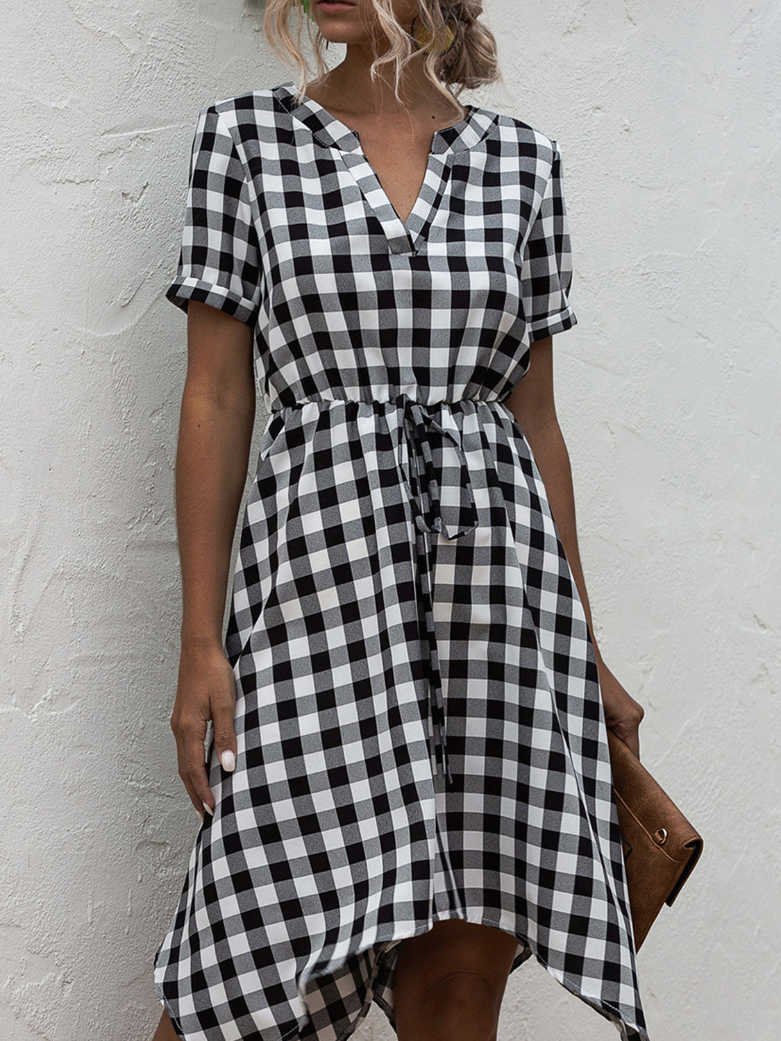 Plaid Notched Short Sleeve Dress Trendsi